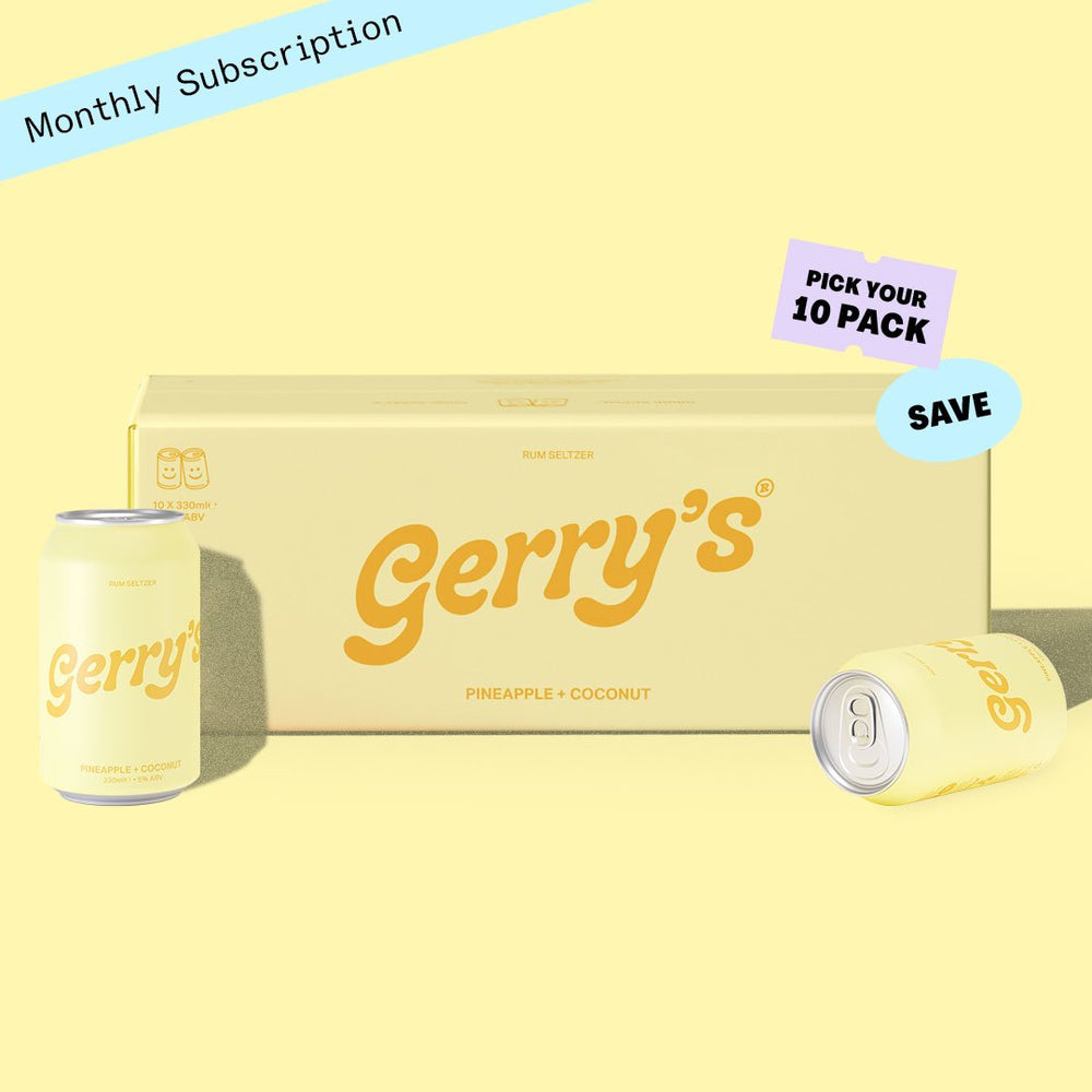 A 10-pack case and two cans to show Gerry's monthly 10 pack ‘Starter Pack’ Subscription