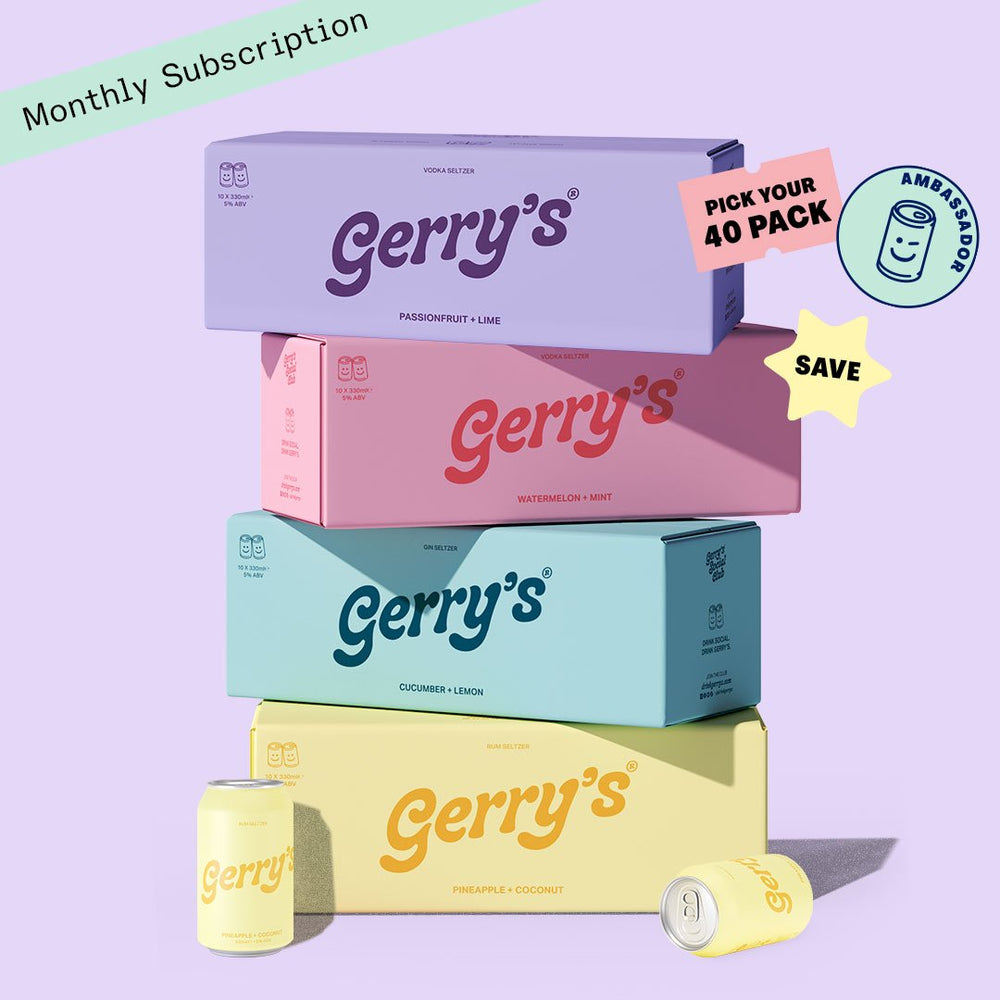 Four 10-pack cases and two cans to show Gerry's monthly 40 pack ‘Drink Social’ Subscription