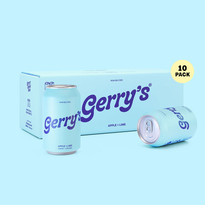 A 10-pack case and two cans of Gerry's Apple + Lime - Rum Seltzer