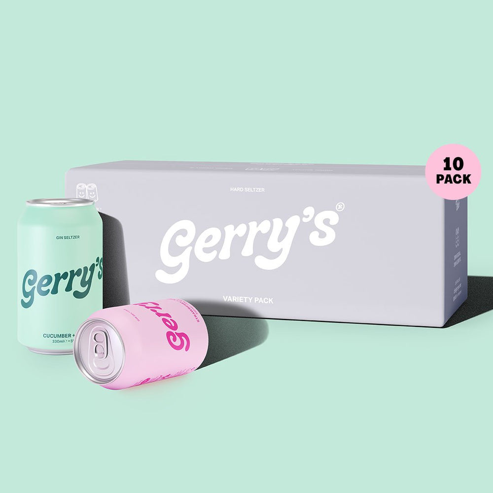 A 10-pack case and two cans of Gerry's Gin Seltzer - Mixed Pack