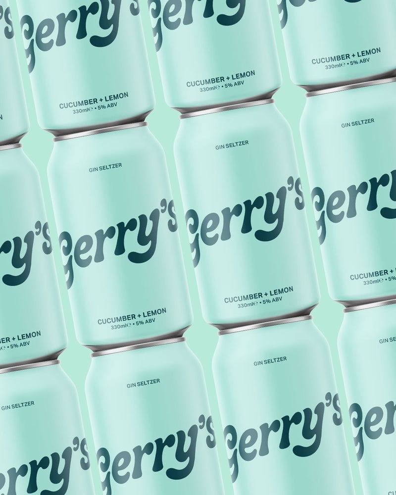 Stacked cans of Gerry's Cucumber + Lemon - Gin Seltzer