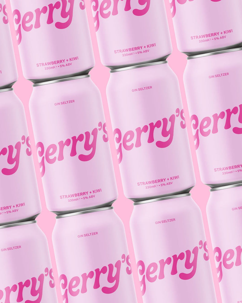 Stacked cans of Gerry's Strawberry + Kiwi - Gin Seltzer