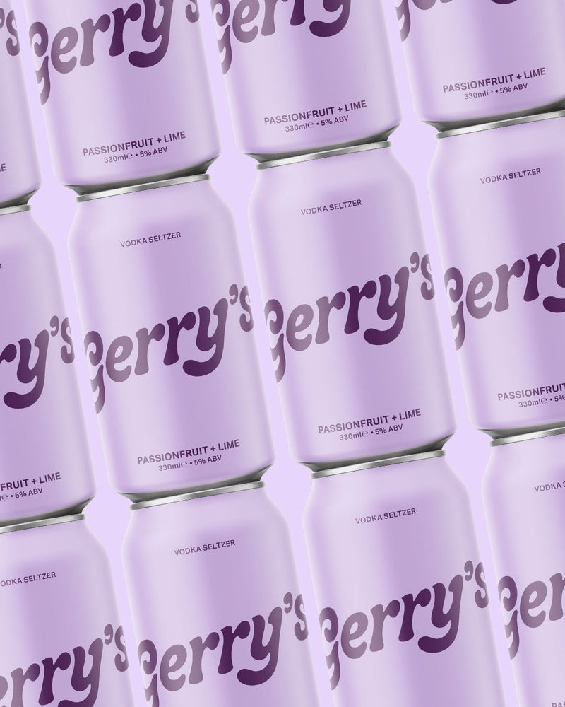 Stacked cans of Gerry's Passionfruit + Lime - Vodka Seltzer