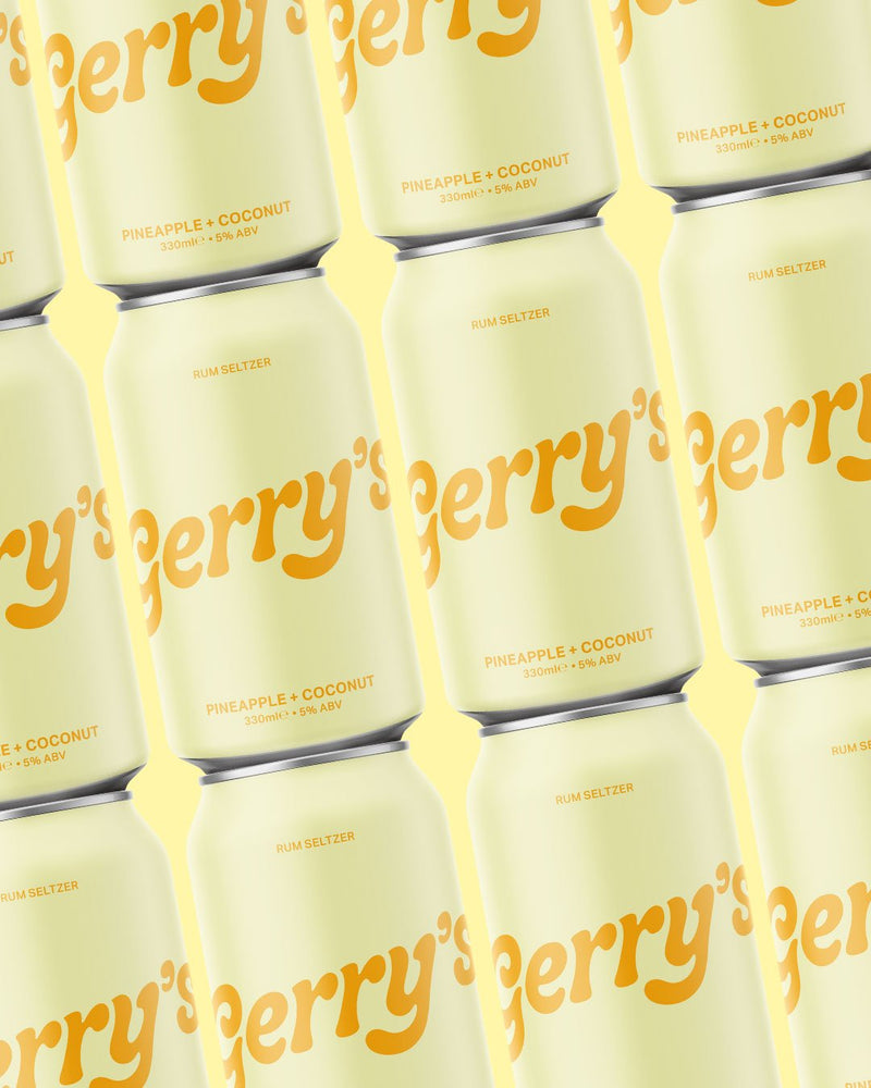 Stacked cans of Gerry's Pineapple + Coconut - Rum Seltzer