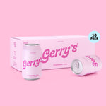 A 10-pack case and two cans of Gerry's Strawberry + Kiwi - Gin Seltzer