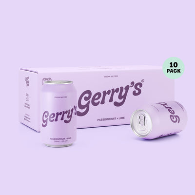 A 10-pack case and two cans of Gerry's Passionfruit + Lime - Vodka Seltzer