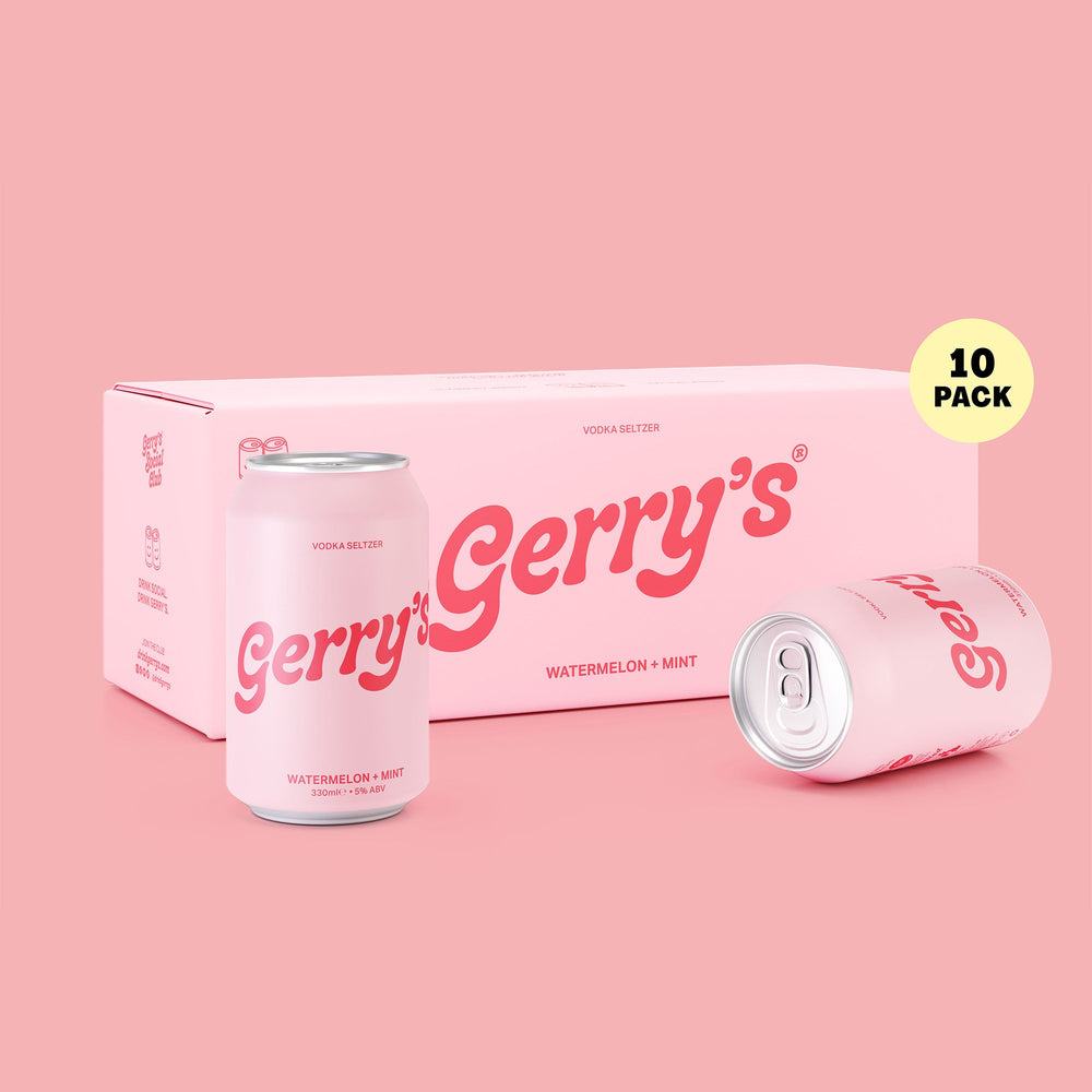 A 10-pack case and two cans of Gerry's Watermelon + Mint - Vodka Seltzer