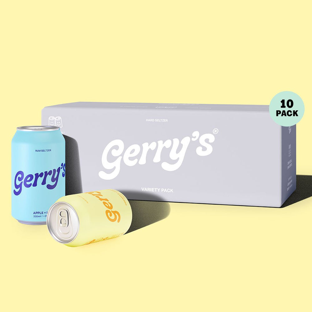 A 10-pack case and two cans of Gerry's Rum Seltzer - Mixed Pack