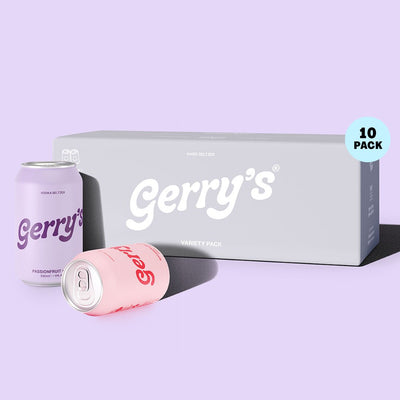 A 10-pack case and two cans of Gerry's Vodka Seltzer -  Mixed Pack