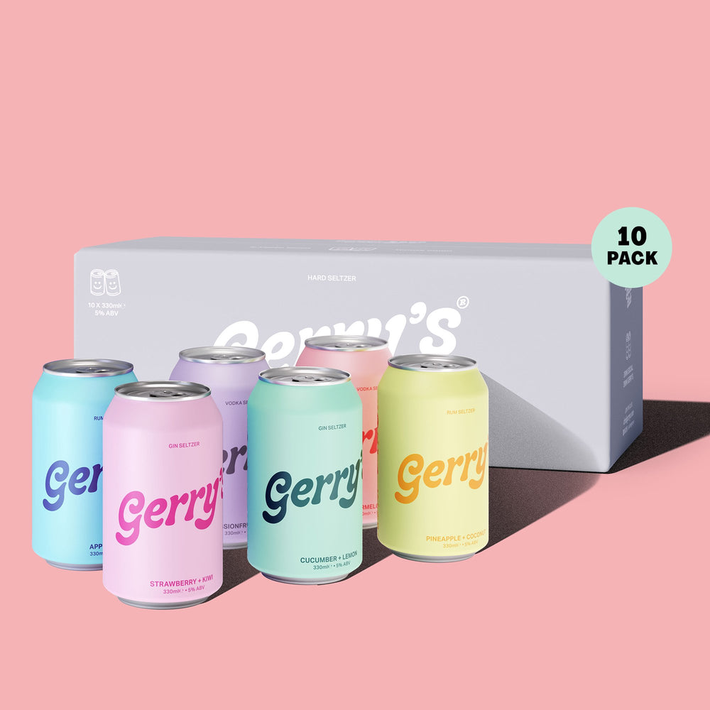 A 10-pack case and six cans of Gerry's Taster Pack