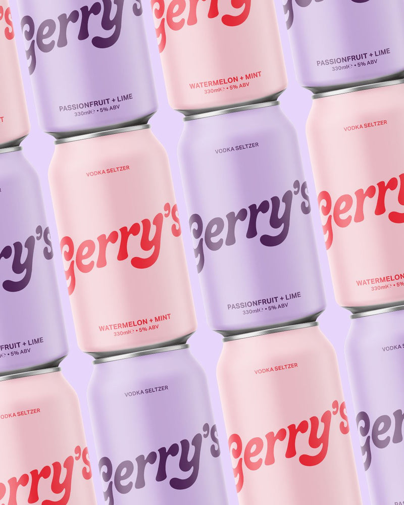Stacked cans of Gerry's Vodka Seltzer - Mixed Pack
