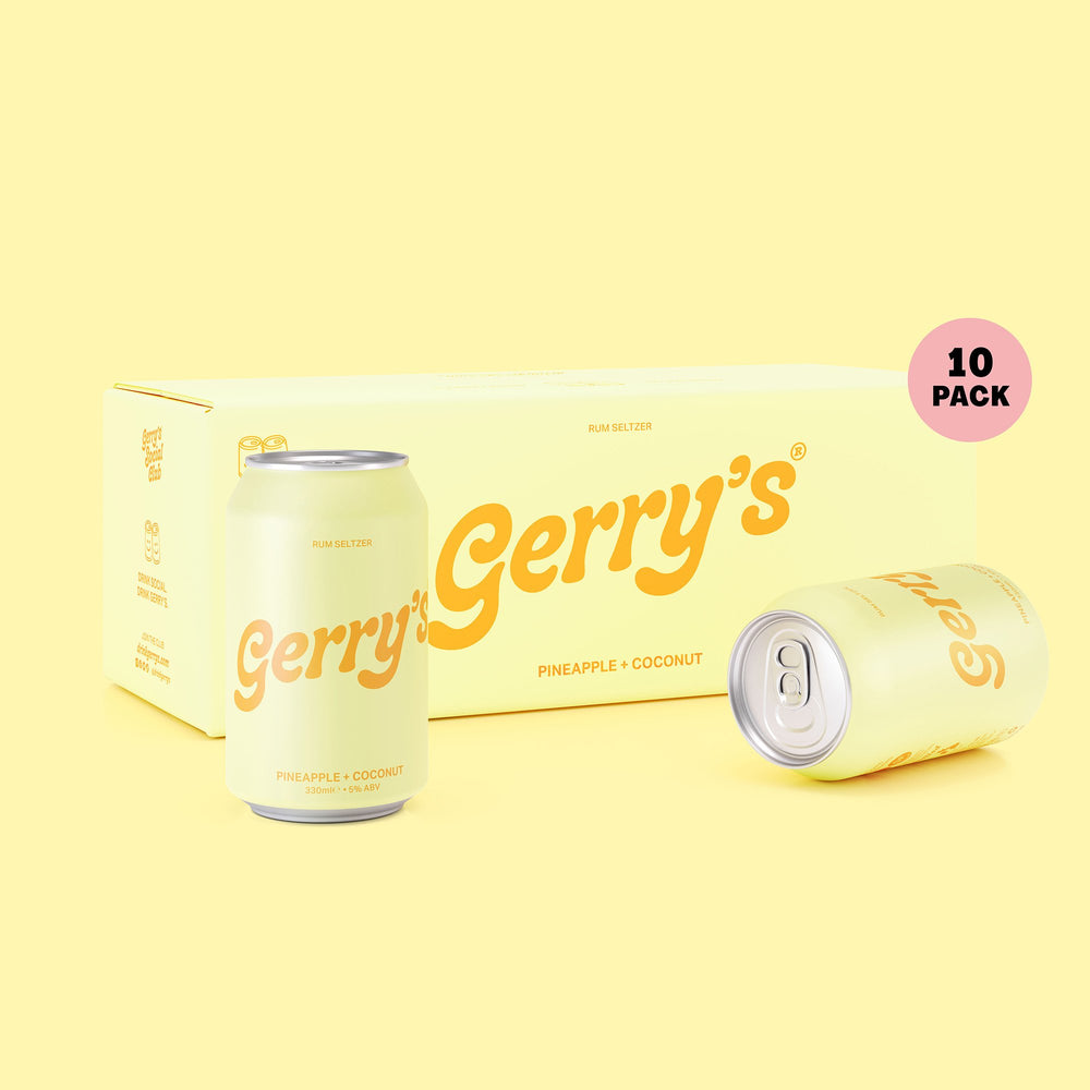 A 10-pack case and two cans of Gerry's Pineapple + Coconut - Rum Seltzer
